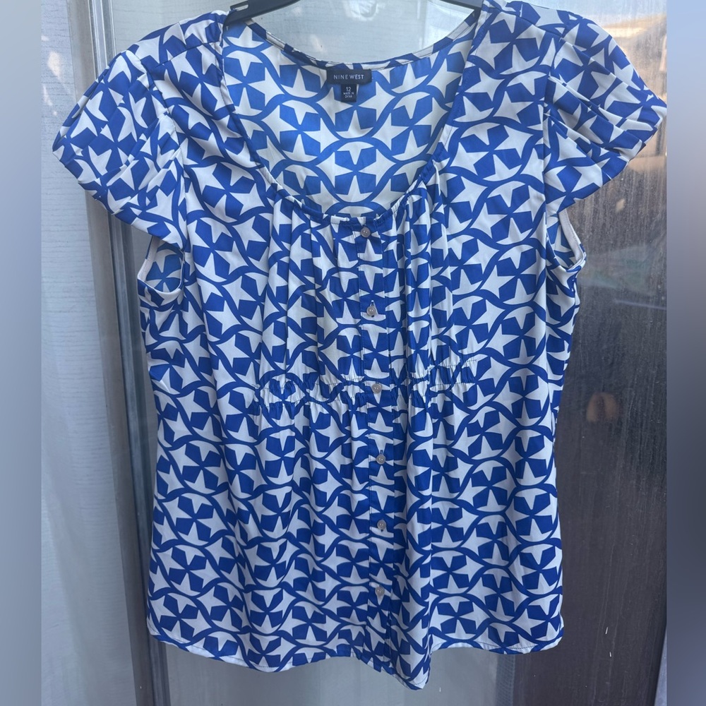 Nine west Blue and White geometric Print Blouse